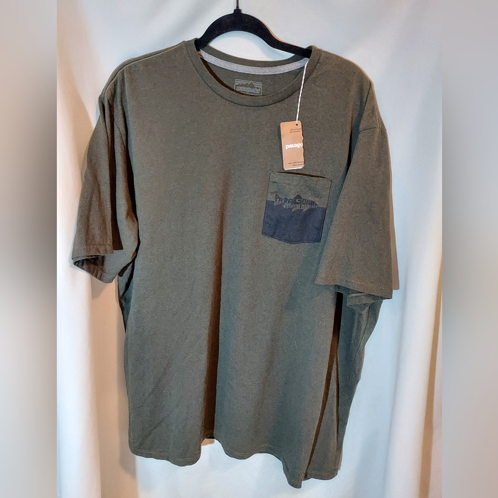 Patagonia Men's Wild Waterline Pocket Responsibili-Tee On Olive Green-XL - Picture 1 of 9